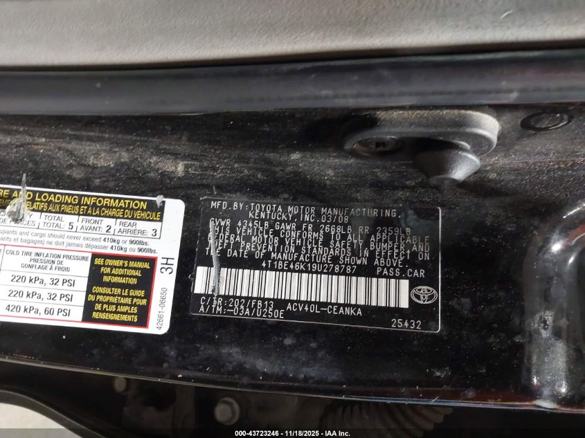 2009 Toyota Camry Le VIN: 4T1BE46K19U278787 Lot: 43723246