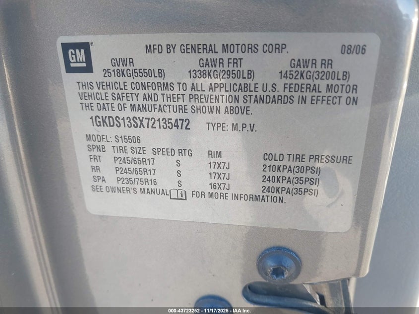 2007 GMC Envoy Slt VIN: 1GKDS13SX72135472 Lot: 43723252