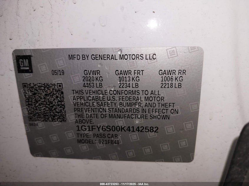 2019 Chevrolet Bolt Ev Lt VIN: 1G1FY6S00K4142582 Lot: 43723253