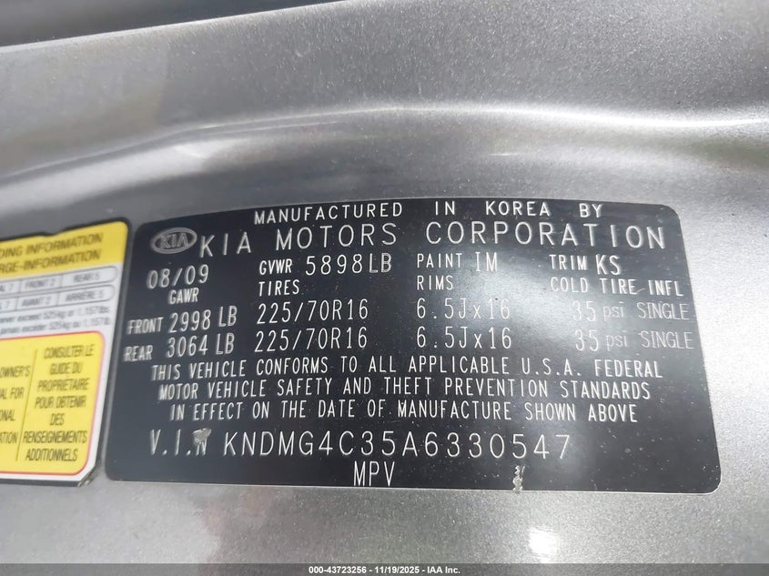 2010 Kia Sedona Lx VIN: KNDMG4C35A6330547 Lot: 43723256