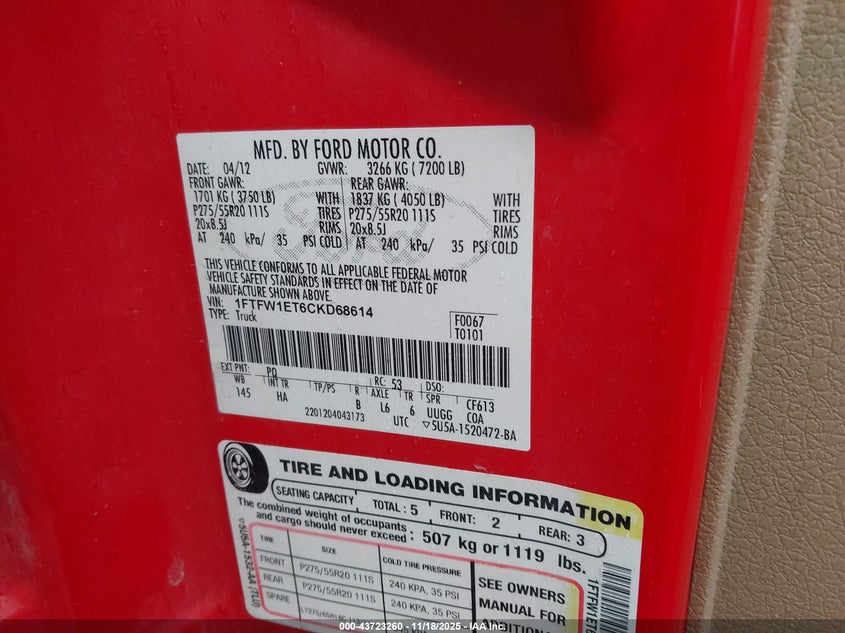1FTFW1ET6CKD68614 2012 FORD F-150 photo no. 9