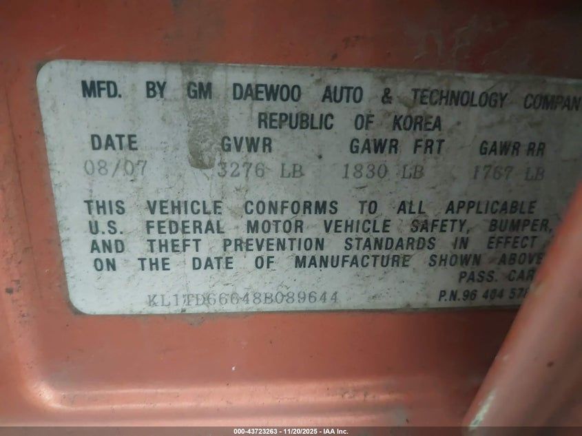 2008 Chevrolet Aveo 5 Special Value VIN: KL1TD66648B089644 Lot: 43723263