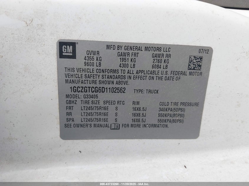 2013 Chevrolet Express Work Van VIN: 1GCZGTCG6D1102562 Lot: 43723268