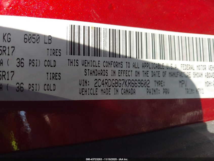 2019 Dodge Grand Caravan Se VIN: 2C4RDGBG7KR669602 Lot: 43723283