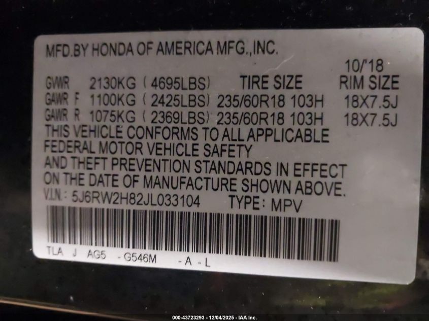 2018 Honda Cr-V Ex-L/Ex-L Navi VIN: 5J6RW2H82JL033104 Lot: 43723293