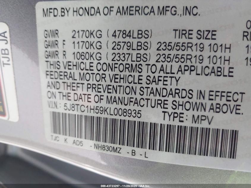 2019 Acura Rdx Technology Package VIN: 5J8TC1H59KL008935 Lot: 43723297