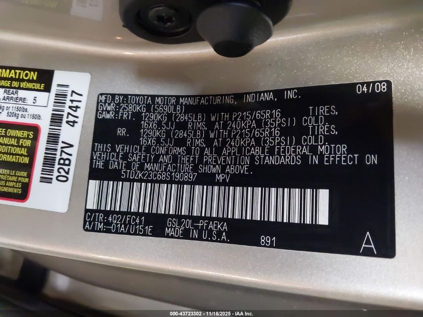 2008 Toyota Sienna Le VIN: 5TDZK23C68S190897 Lot: 43723302