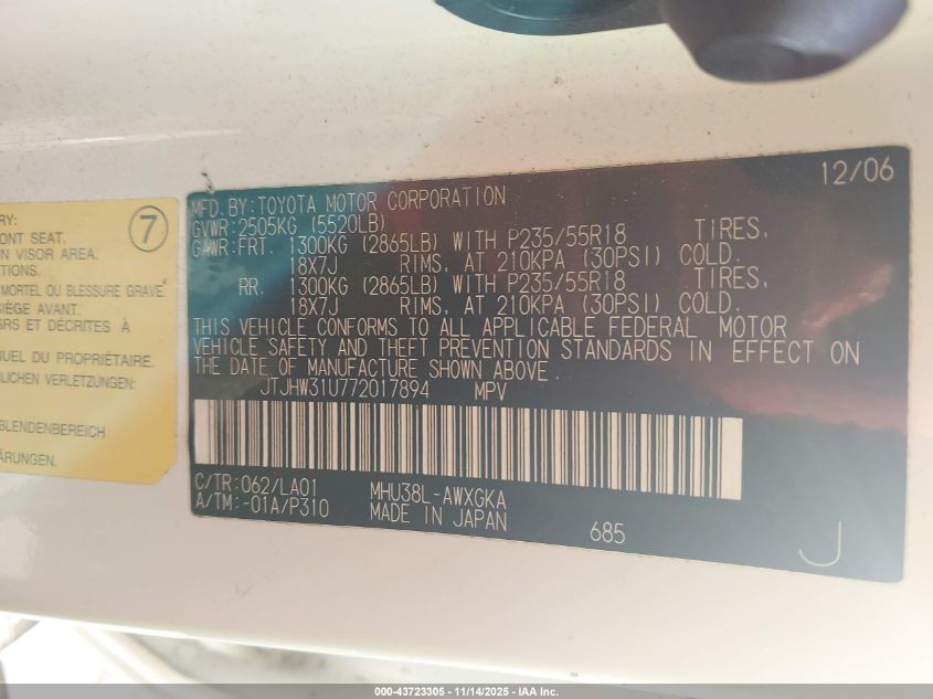 2007 Lexus Rx 400H VIN: JTJHW31U772017894 Lot: 43723305