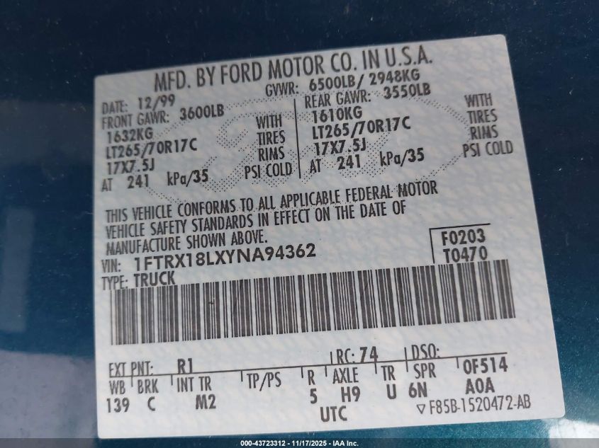 2000 Ford F-150 Lariat/Work Series/Xl/Xlt VIN: 1FTRX18LXYNA94362 Lot: 43723312