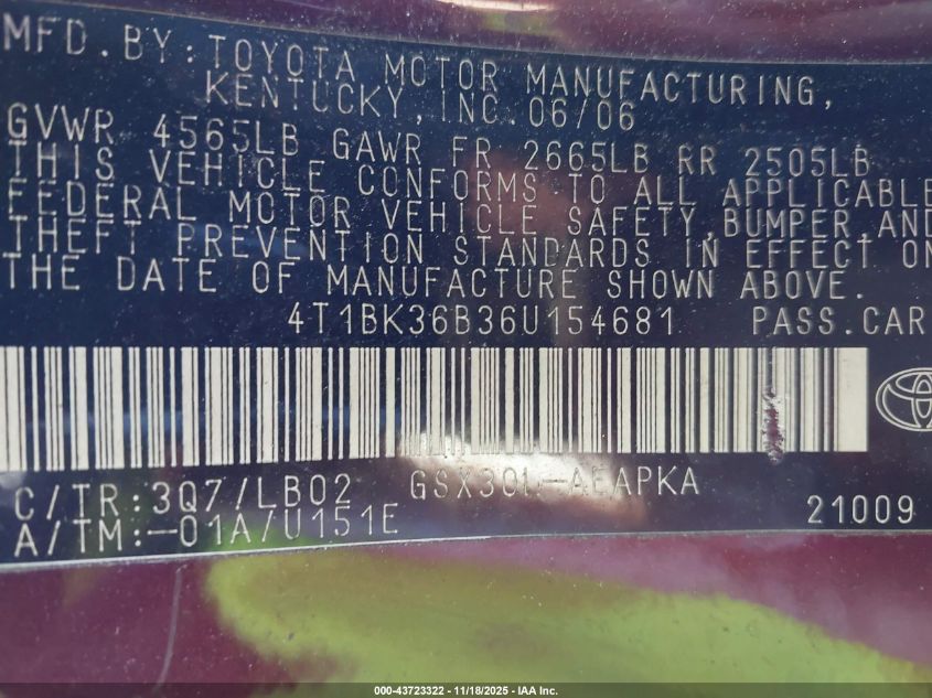 2006 Toyota Avalon Limited VIN: 4T1BK36B36U154681 Lot: 43723322