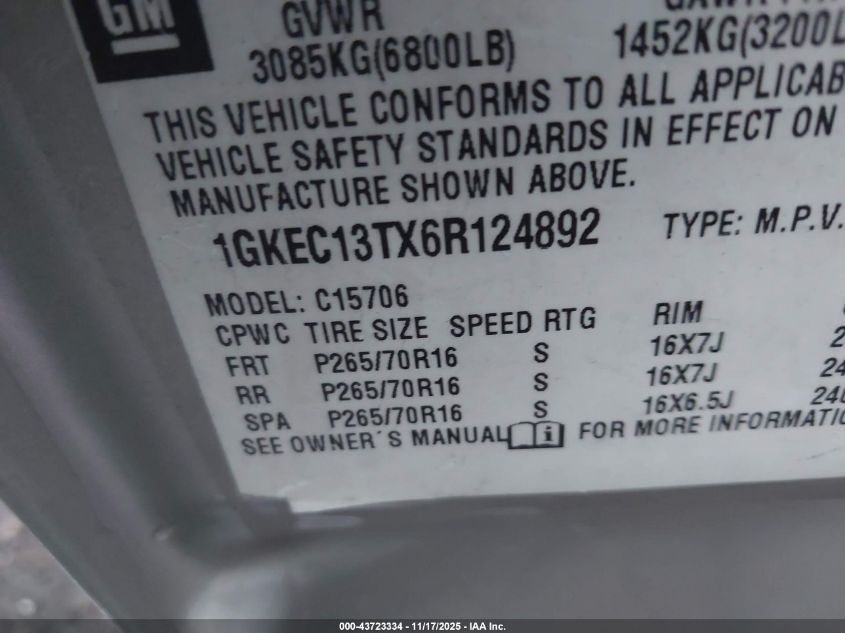 2006 GMC Yukon Sle VIN: 1GKEC13TX6R124892 Lot: 43723334