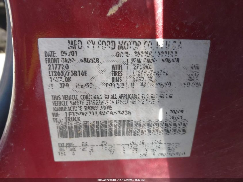 2002 Ford F-250 Lariat/Xl/Xlt VIN: 1FTNW21L42EA63438 Lot: 43723340