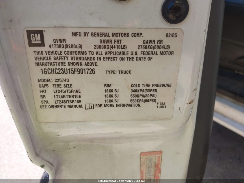 2005 Chevrolet Silverado 2500Hd VIN: 1GCHC23U15F901726 Lot: 43723341