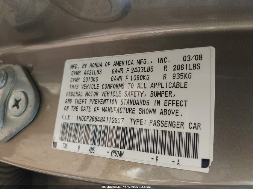 1HGCP26848A112227 2008 HONDA ACCORD photo no. 9