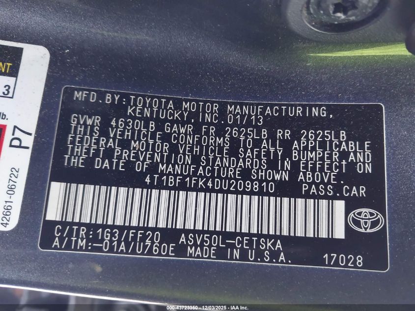 2013 Toyota Camry L/Se/Le/Xle VIN: 4T1BF1FK4DU209810 Lot: 43723350