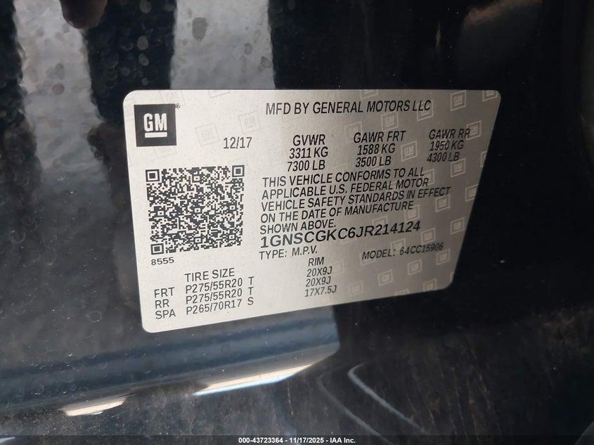 2018 Chevrolet Suburban Ls VIN: 1GNSCGKC6JR214124 Lot: 43723364