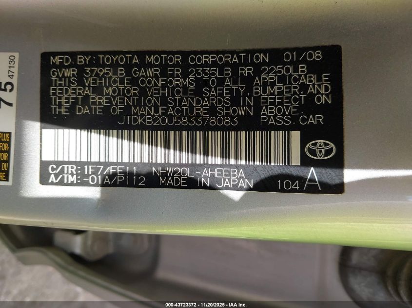 2008 Toyota Prius VIN: JTDKB20U583378083 Lot: 43723372