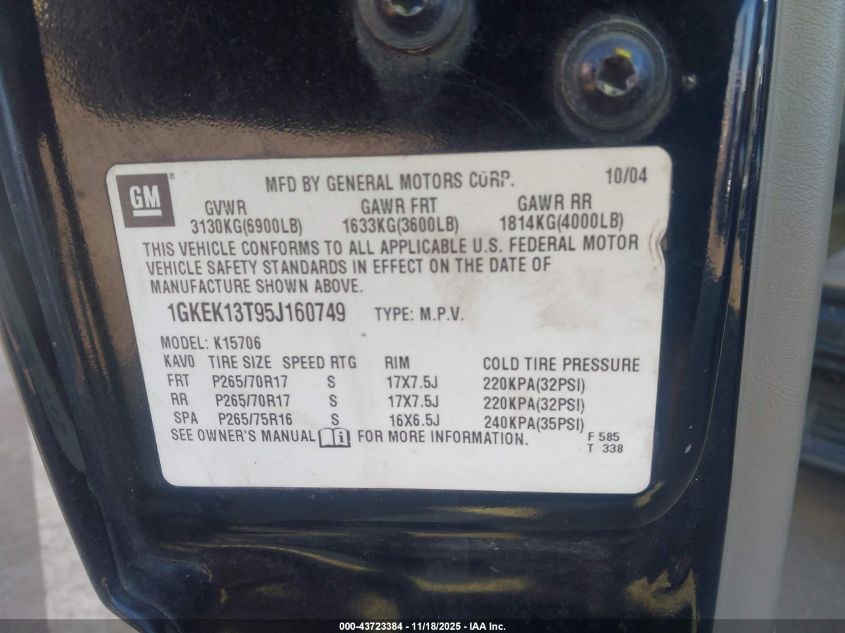 2005 GMC Yukon Slt VIN: 1GKEK13T95J160749 Lot: 43723384