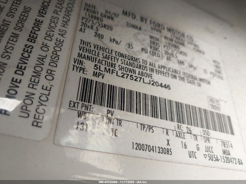 2007 Lincoln Navigator L VIN: 5LMFL27527LJ20446 Lot: 43723385