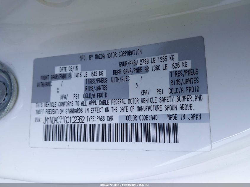 2016 Mazda Mx-5 Miata Club VIN: JM1NDAC71G0102362 Lot: 43723393