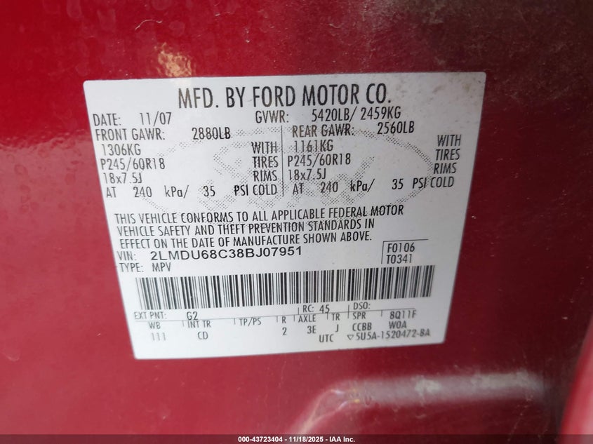 2008 Lincoln Mkx VIN: 2LMDU68C38BJ07951 Lot: 43723404