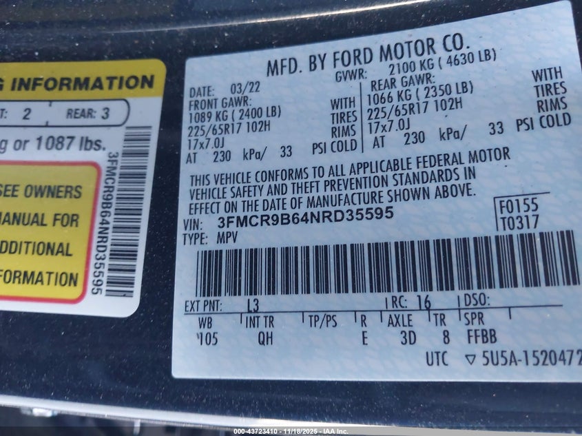 2022 Ford Bronco Sport Big Bend VIN: 3FMCR9B64NRD35595 Lot: 43723410