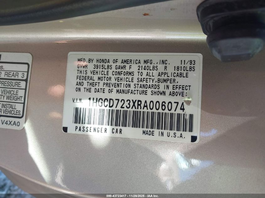 1994 Honda Accord Lx VIN: 1HGCD723XRA006074 Lot: 43723417