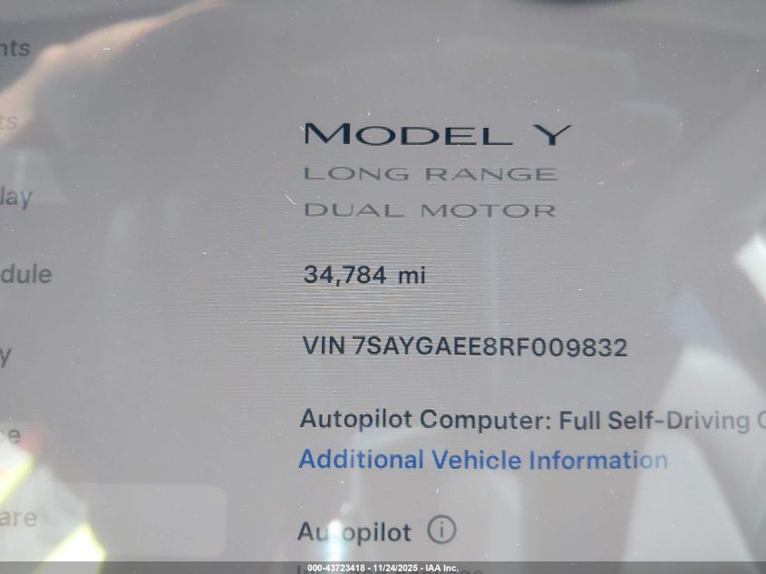 2024 Tesla Model Y Long Range Dual Motor All-Wheel Drive VIN: 7SAYGAEE8RF009832 Lot: 43723418