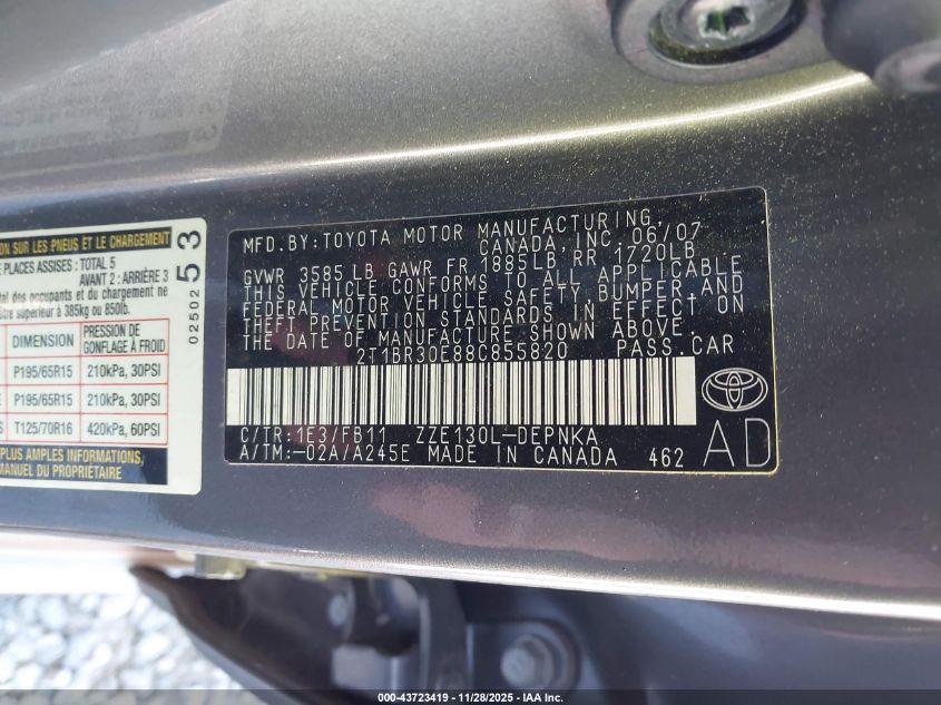 2008 Toyota Corolla Le VIN: 2T1BR30E88C855820 Lot: 43723419