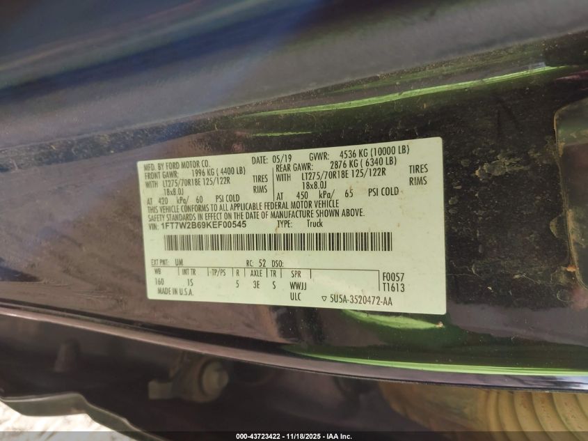 2019 Ford F-250 Xl VIN: 1FT7W2B69KEF00545 Lot: 43723422