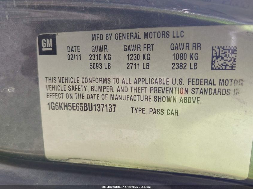 2011 Cadillac Dts Premium Collection VIN: 1G6KH5E65BU137137 Lot: 43723434