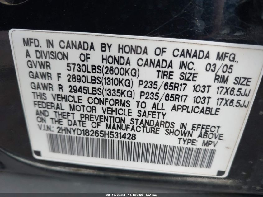 2005 Acura Mdx VIN: 2HNYD18265H531428 Lot: 43723441