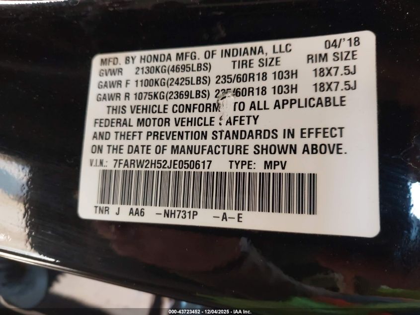 2018 Honda Cr-V Ex VIN: 7FARW2H52JE050617 Lot: 43723452