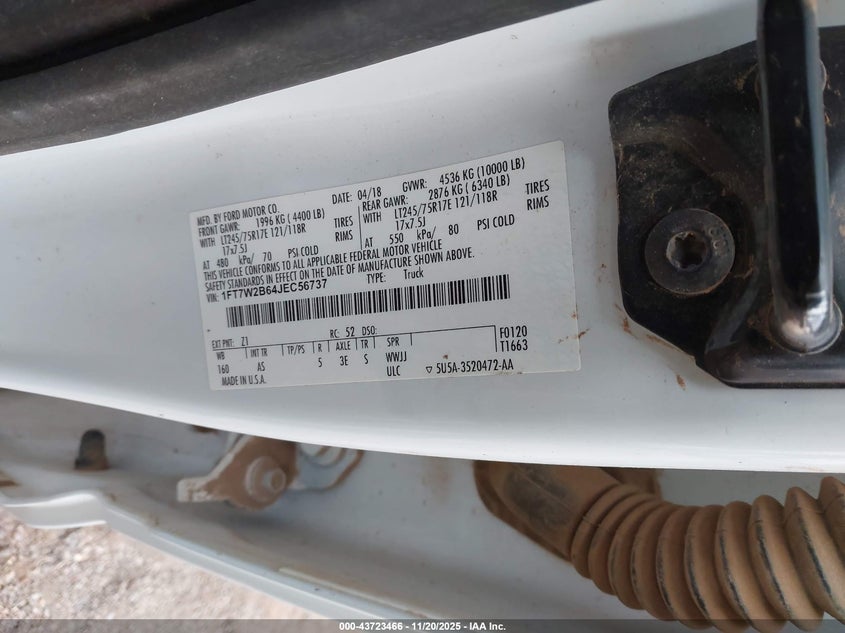 2018 Ford F-250 Xl VIN: 1FT7W2B64JEC56737 Lot: 43723466