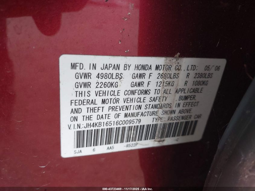 2006 Acura Rl 3.5 VIN: JH4KB16516C009579 Lot: 43723469