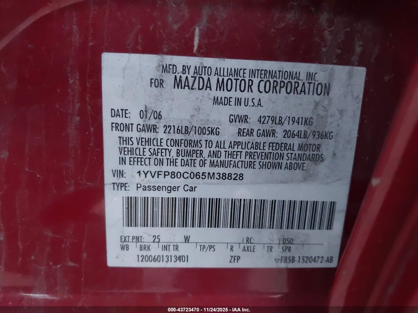 2006 Mazda Mazda6 I VIN: 1YVFP80C065M38828 Lot: 43723470