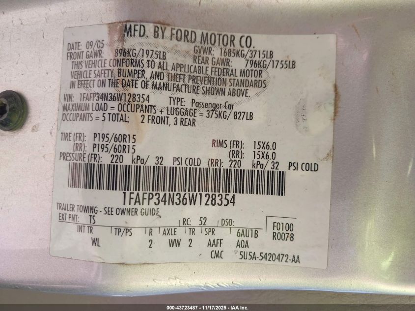 2006 Ford Focus Zx4 VIN: 1FAFP34N36W128354 Lot: 43723487