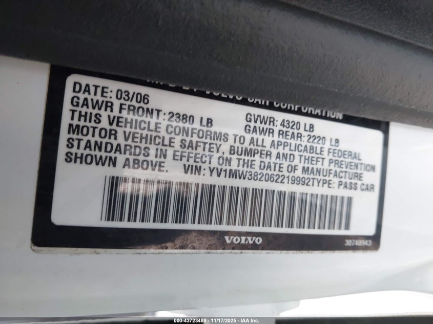 2006 Volvo V50 2.4I VIN: YV1MW382062219992 Lot: 43723488