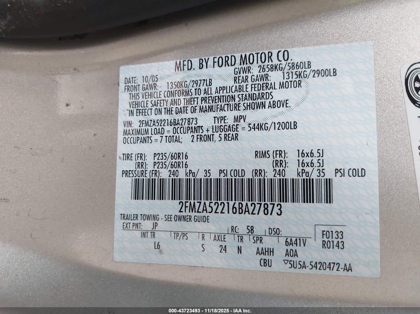 2006 Ford Freestar Sel VIN: 2FMZA52216BA27873 Lot: 43723493