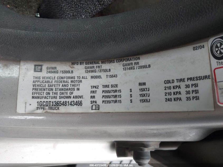 2004 Chevrolet Colorado Ls VIN: 1GCDT136548143466 Lot: 43723499