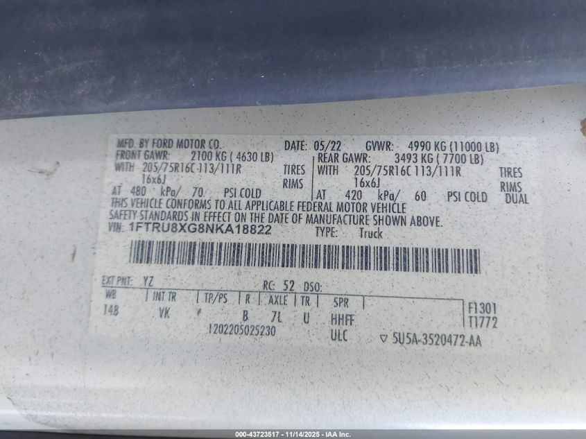2022 Ford Transit-350 Cargo Van VIN: 1FTRU8XG8NKA18822 Lot: 43723517