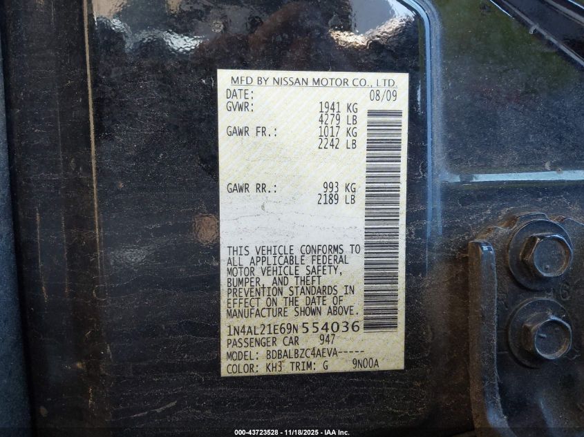 2009 Nissan Altima 2.5 S VIN: 1N4AL21E69N554036 Lot: 43723528