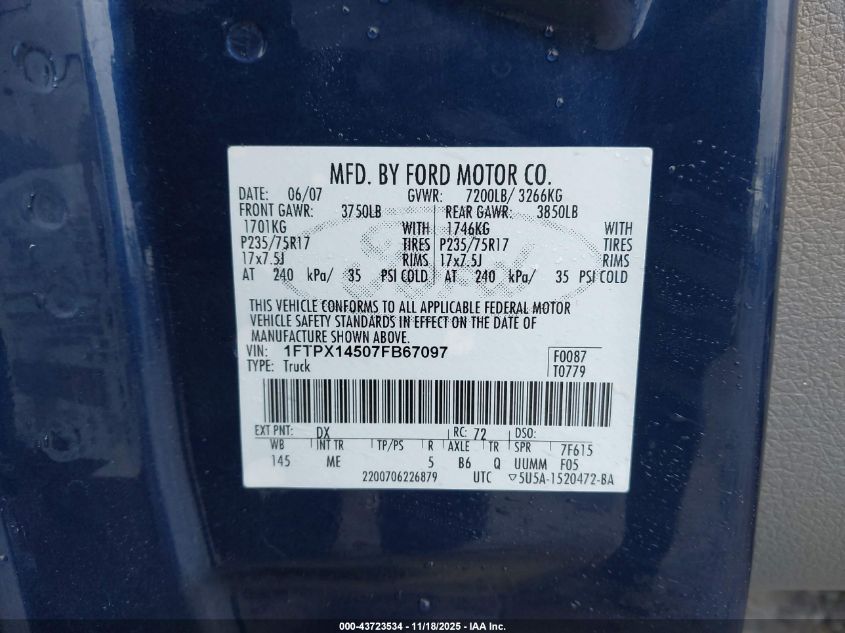 2007 Ford F-150 Fx4/Lariat/Xl/Xlt VIN: 1FTPX14507FB67097 Lot: 43723534