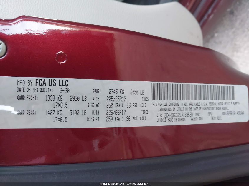 2020 Dodge Grand Caravan Sxt VIN: 2C4RDGCG2LR169539 Lot: 43723542