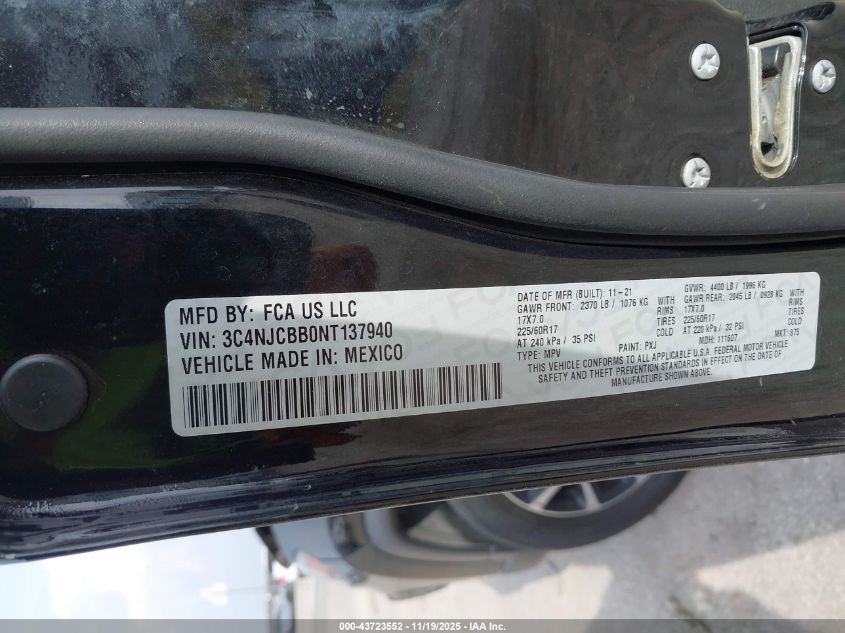 2022 Jeep Compass Latitude Fwd VIN: 3C4NJCBB0NT137940 Lot: 43723552