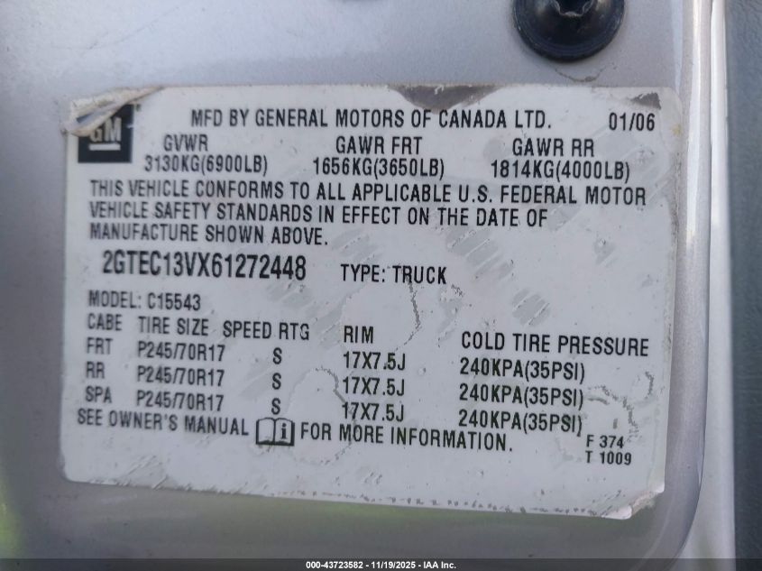 2006 GMC Sierra 1500 Sl VIN: 2GTEC13VX61272448 Lot: 43723582