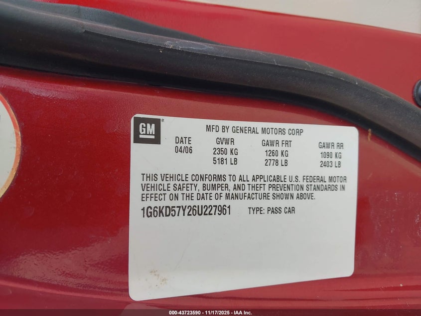 2006 Cadillac Dts Standard VIN: 1G6KD57Y26U227961 Lot: 43723590