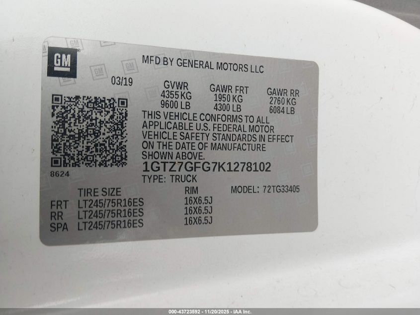 2019 GMC Savana 3500 Work Van VIN: 1GTZ7GFG7K1278102 Lot: 43723592