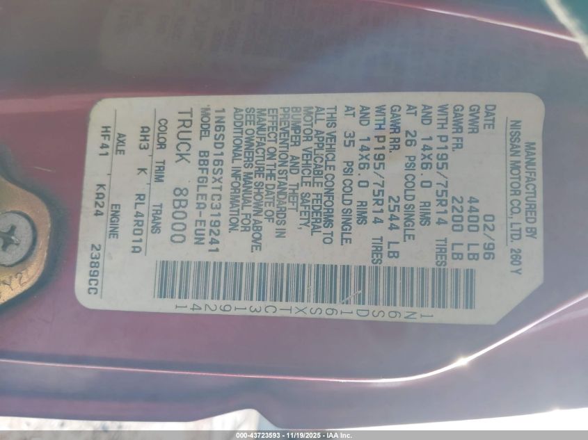 1996 Nissan Truck King Cab Se/King Cab Xe VIN: 1N6SD16SXTC319241 Lot: 43723593