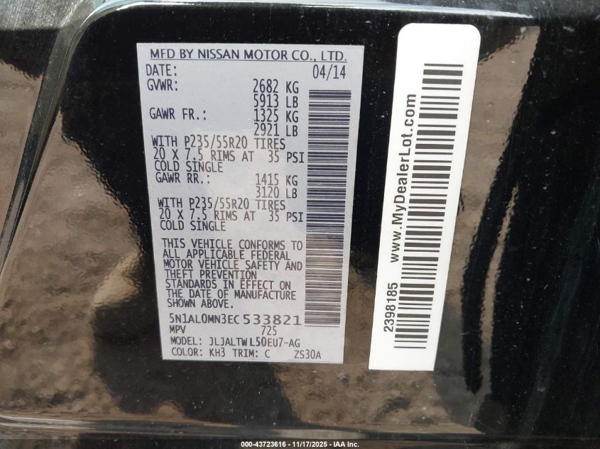 2014 Infiniti Qx60 VIN: 5N1AL0MN3EC533821 Lot: 43723616